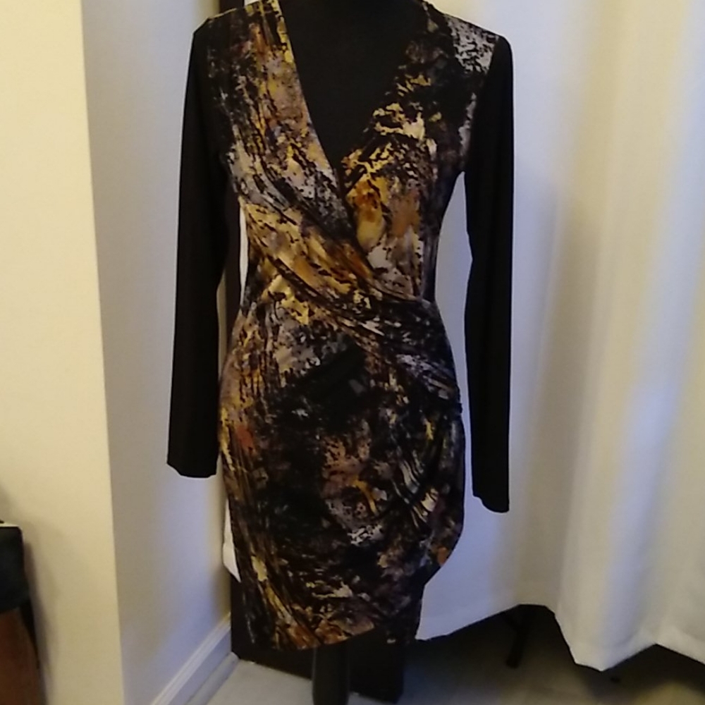 Long sleeve patterned wrap cocktail dress